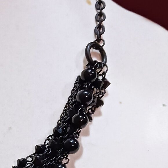 Handmade Black Chain and Bead Layered Cascade Statement Bib Necklace - Picture 4 of 9